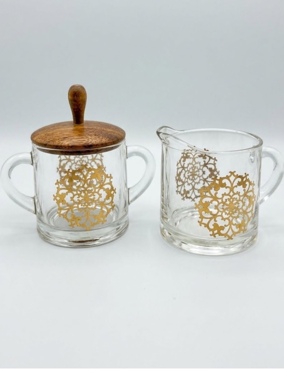 Vintage Mid-Century Gold Medallion Glass Sugar & Creamer Set with Wood Lid